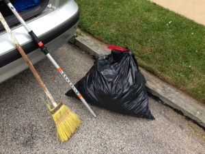Trash bag, broom and TrashStik